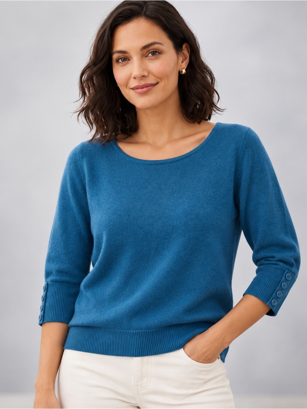Privie 100% Cashmere Sweater Peacock Blue Scoop Neck Button Cuff Large
